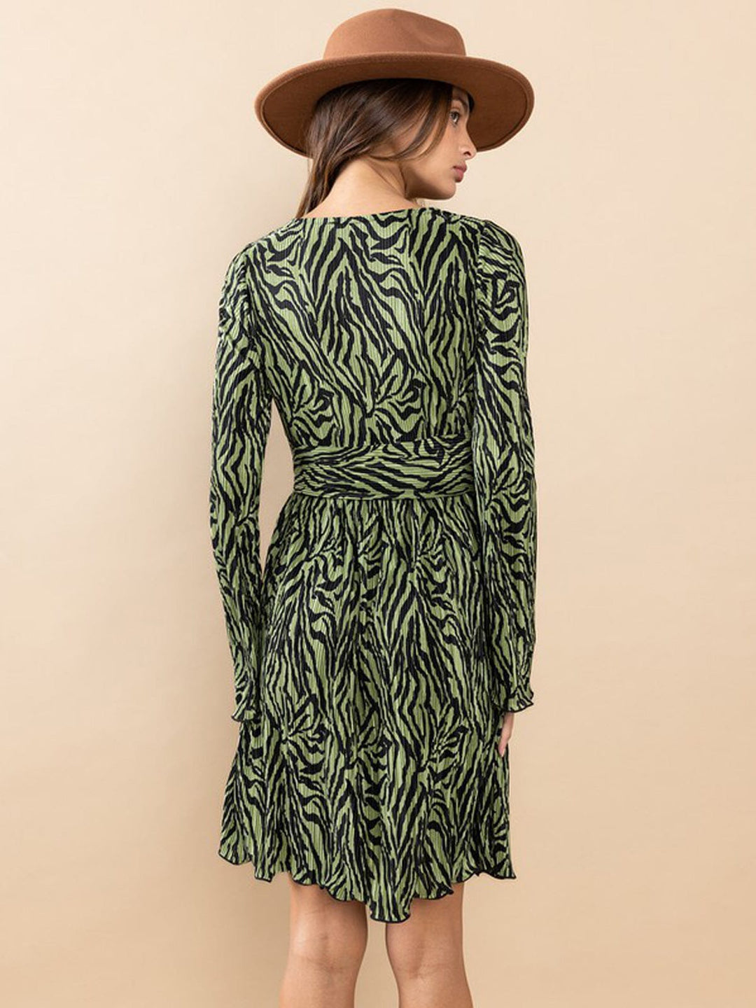 WOMEN'S LONG SLEEVE V-NECK SURPLICE PRINTED MINI DRESS