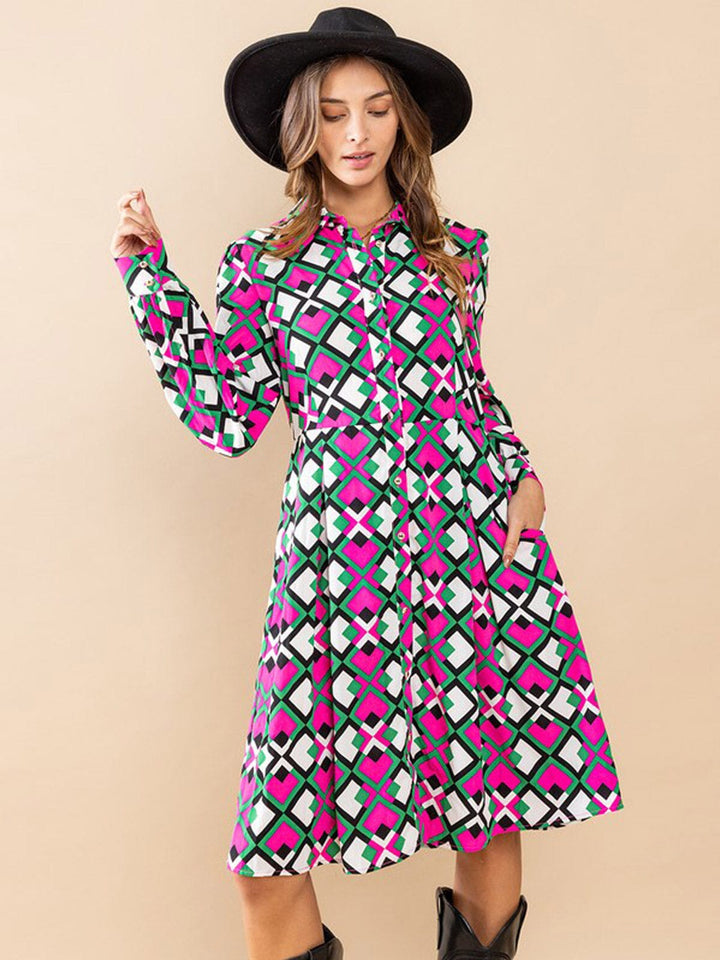 WOMEN'S LONG SLEEVE BUTTON UP POCKETS PRINTED MINI DRESS