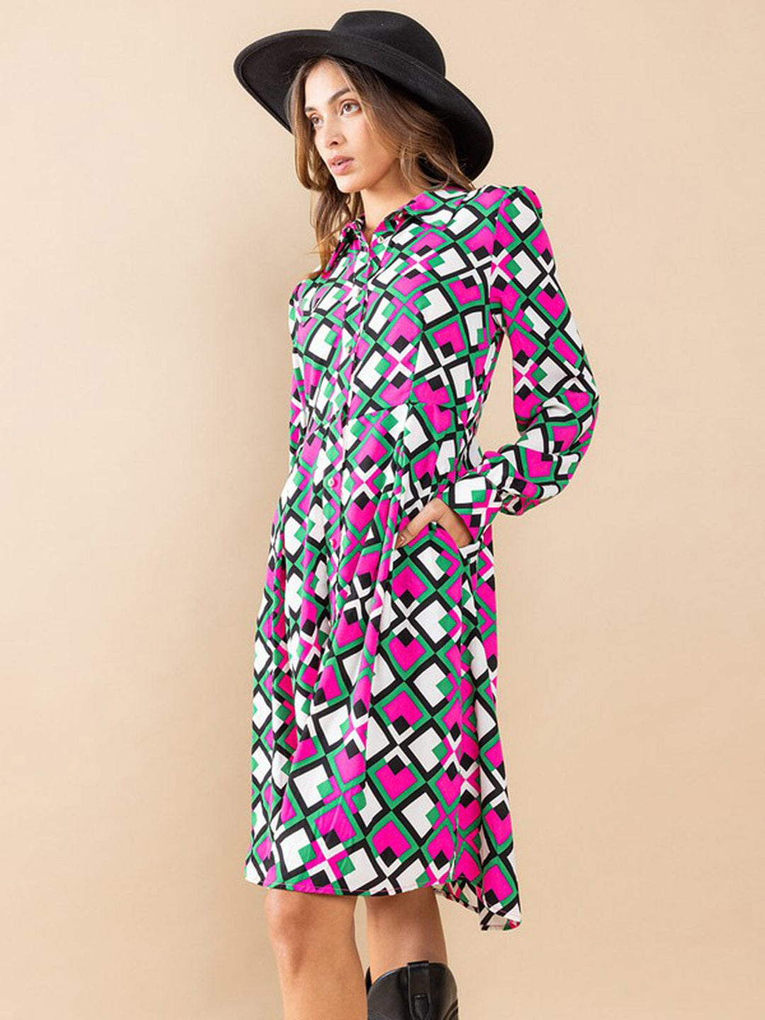 WOMEN'S LONG SLEEVE BUTTON UP POCKETS PRINTED MINI DRESS
