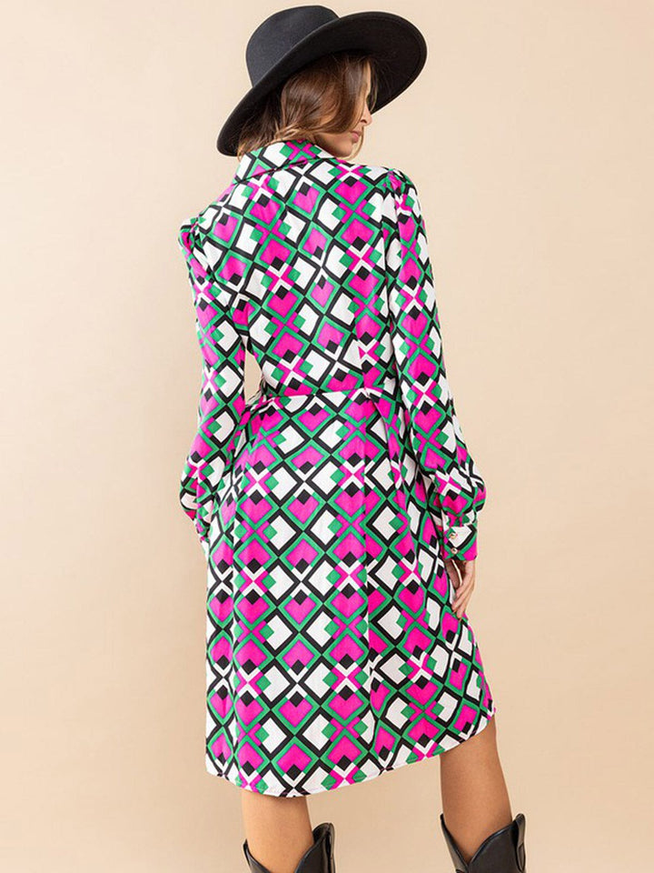 WOMEN'S LONG SLEEVE BUTTON UP POCKETS PRINTED MINI DRESS