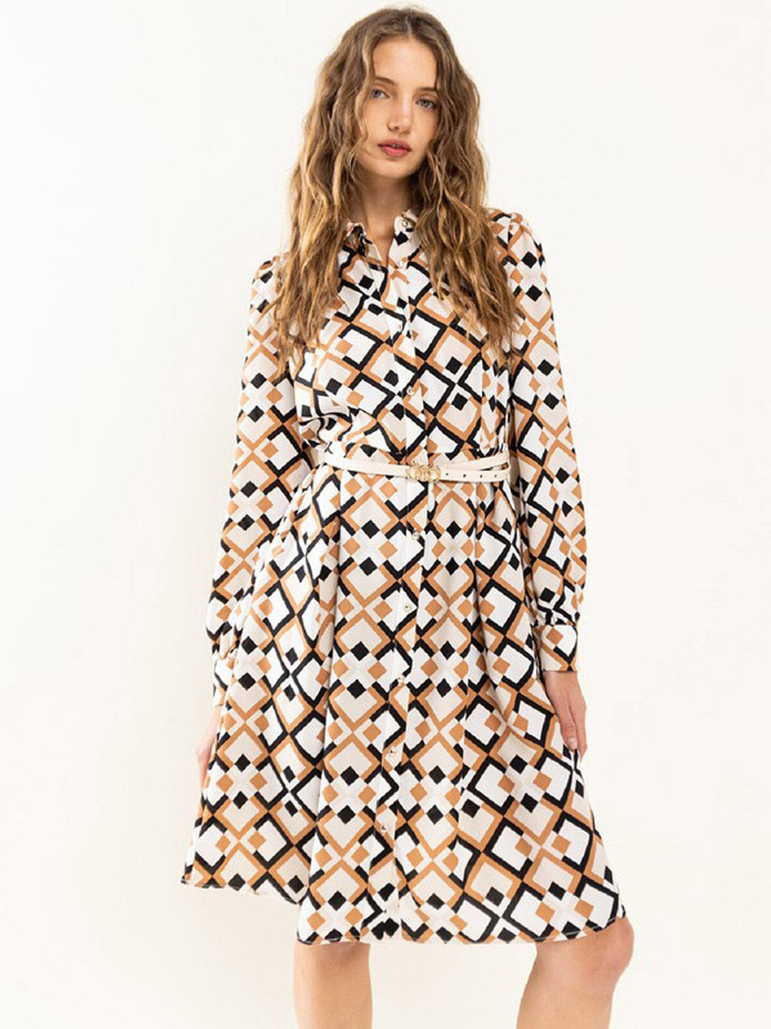 WOMEN'S LONG SLEEVE BUTTON UP POCKETS PRINTED MINI DRESS