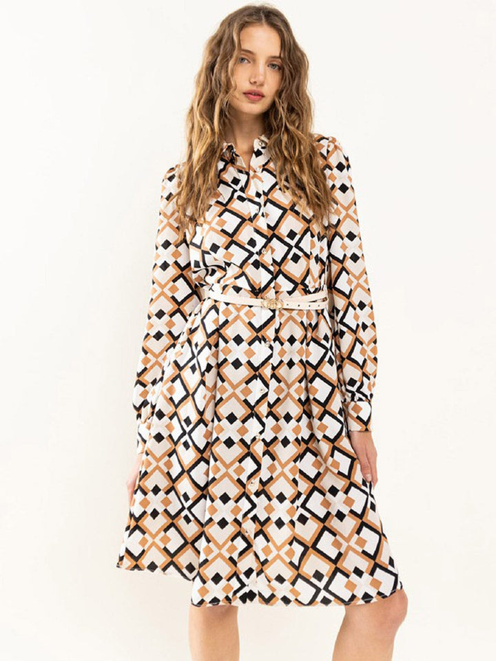 WOMEN'S LONG SLEEVE BUTTON UP POCKETS PRINTED MINI DRESS
