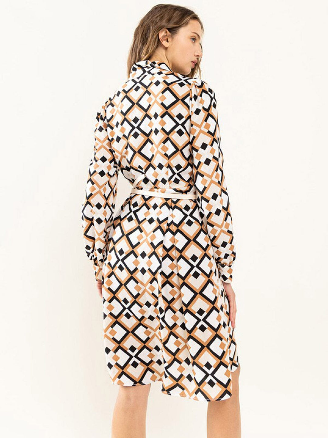 WOMEN'S LONG SLEEVE BUTTON UP POCKETS PRINTED MINI DRESS