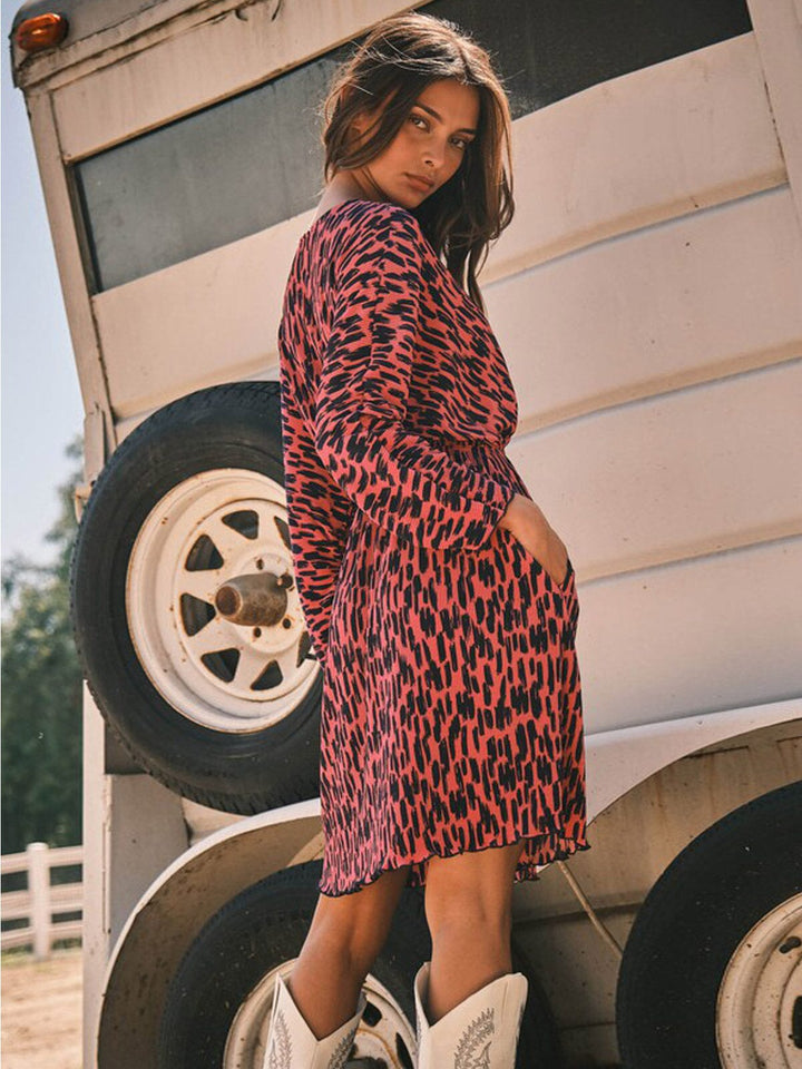 WOMEN'S LONG SLEEVE SURPLICE ANIMAL PRINT MINI DRESS