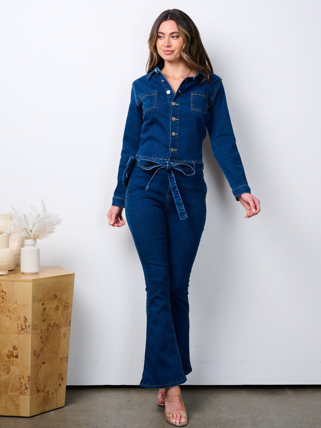 WOMEN'S LONG SLEEVE BUTTON UP BELL LEG DENIM JUMPSUIT