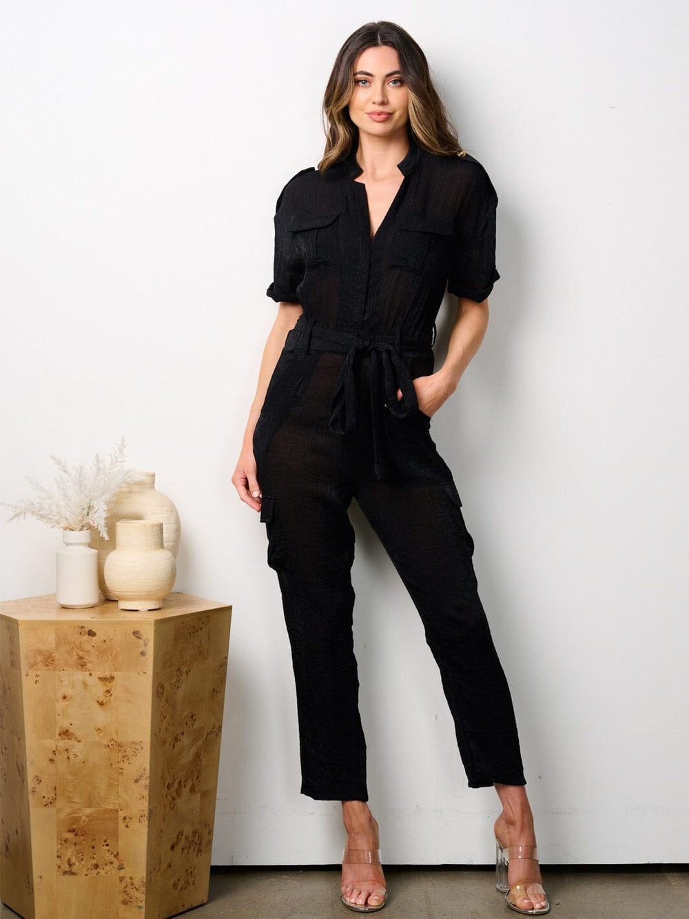 WOMEN'S SHORT PUFF SLEEVES ZIP UP POCKETS JUMPSUIT