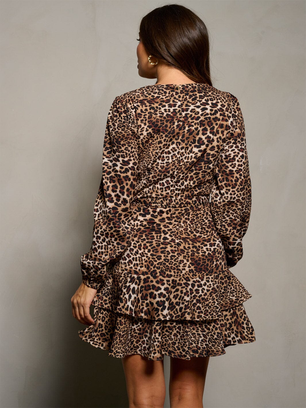 WOMEN'S LONG SLEEVE SURPLICE LEOPARD PRINT MINI DRESS
