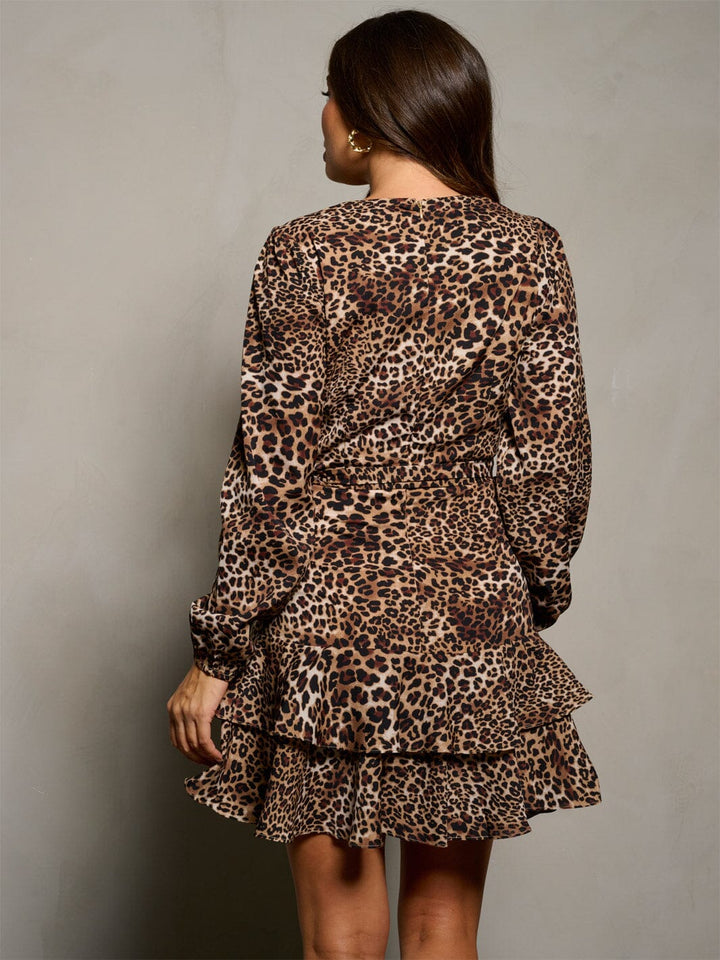 WOMEN'S LONG SLEEVE SURPLICE LEOPARD PRINT MINI DRESS