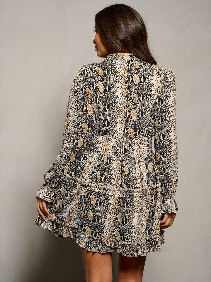 WOMEN'S LONG SLEEVE V-NECK SNAKE PRINT MINI DRESS