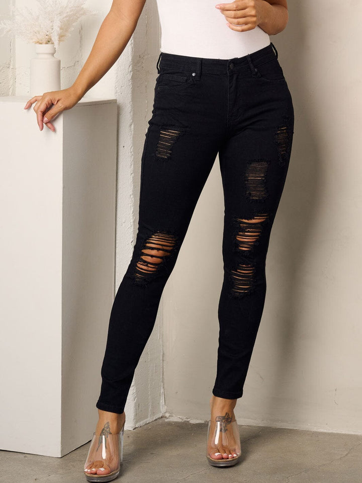 WOMEN'S BUTTON CLOSURE DISTRESSED SKINNY JEANS