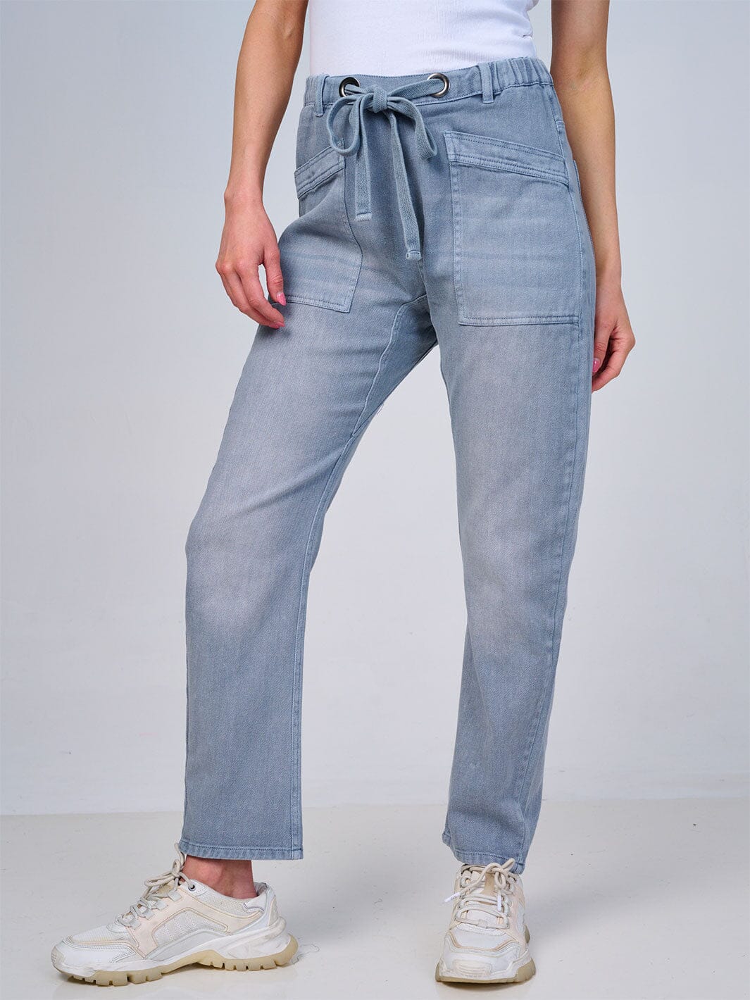WOMEN'S ELASTIC WAIST SELF TIE POCKETS WIDE LEG DENIM PANTS