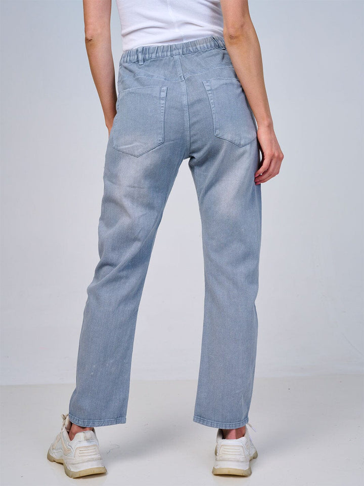 WOMEN'S ELASTIC WAIST SELF TIE POCKETS WIDE LEG DENIM PANTS