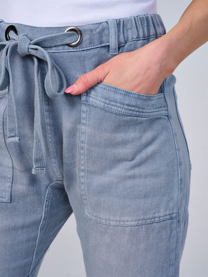 WOMEN'S ELASTIC WAIST SELF TIE POCKETS WIDE LEG DENIM PANTS
