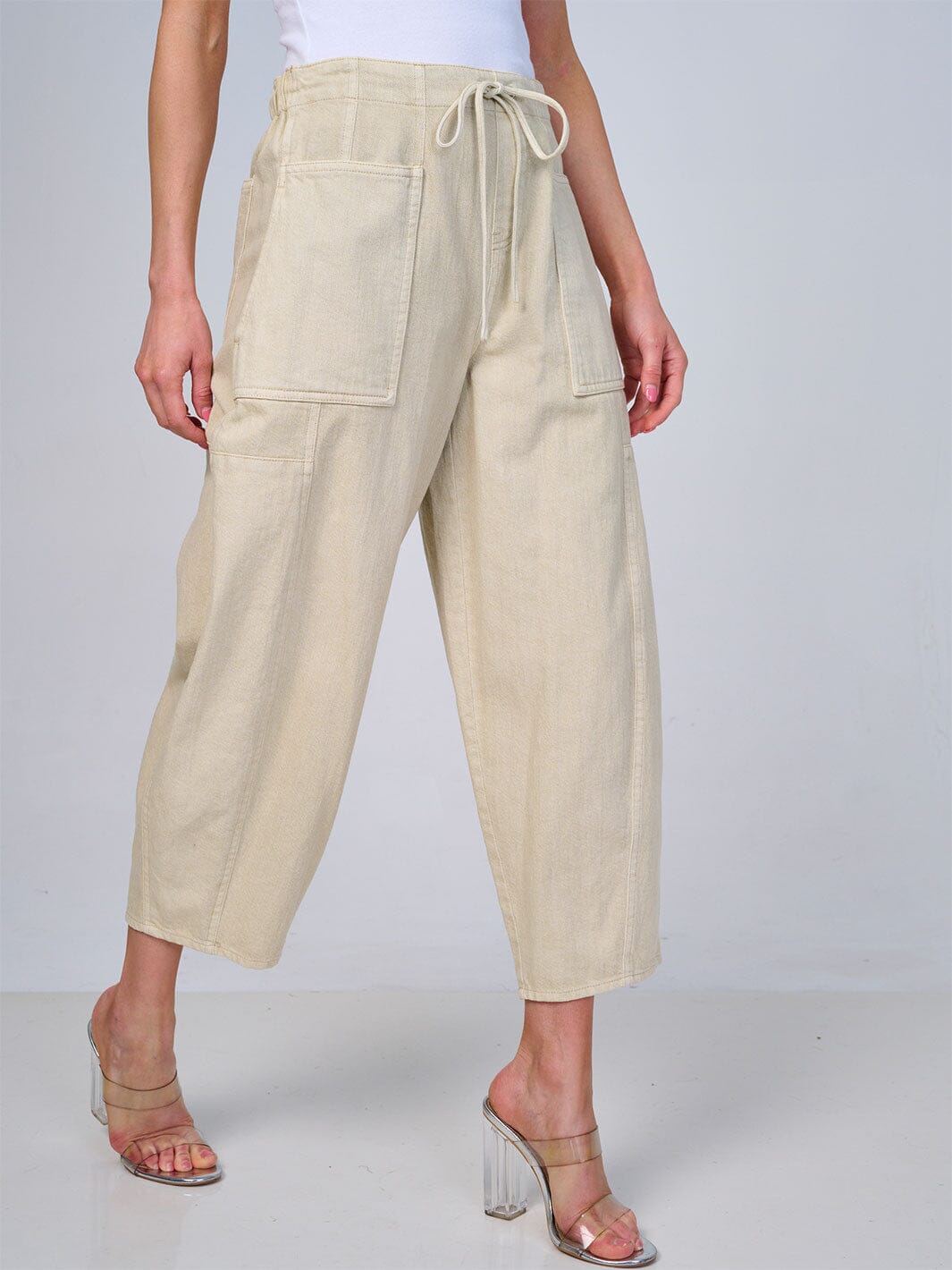 WOMEN'S ELASTIC WAIST SELF TIE POCKETS WIDE LEG DENIM PANTS