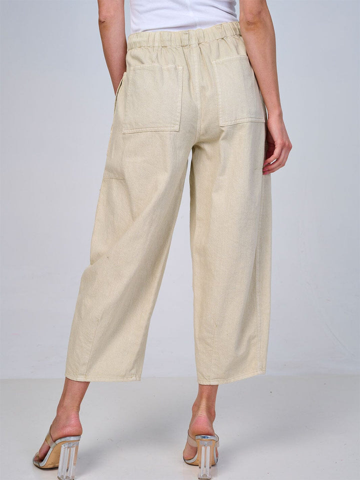 WOMEN'S ELASTIC WAIST SELF TIE POCKETS WIDE LEG DENIM PANTS