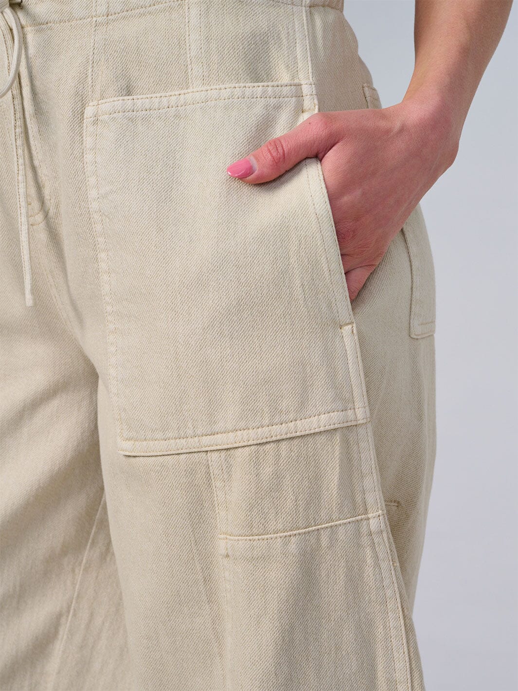 WOMEN'S ELASTIC WAIST SELF TIE POCKETS WIDE LEG DENIM PANTS