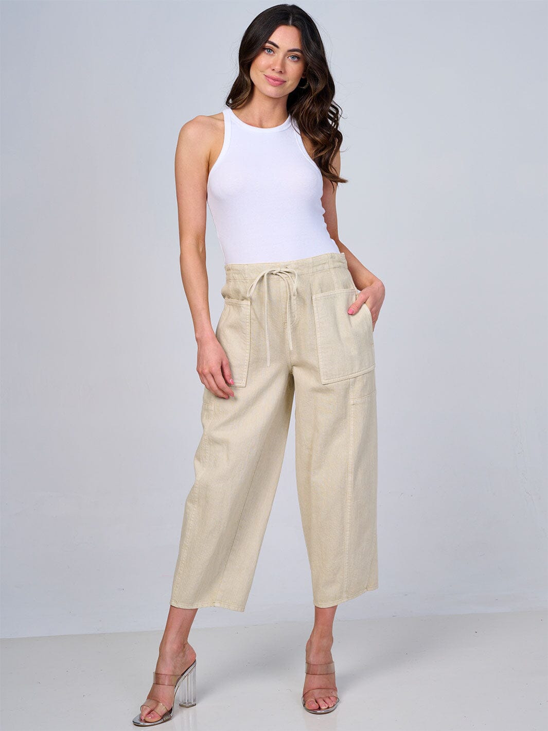 WOMEN'S ELASTIC WAIST SELF TIE POCKETS WIDE LEG DENIM PANTS
