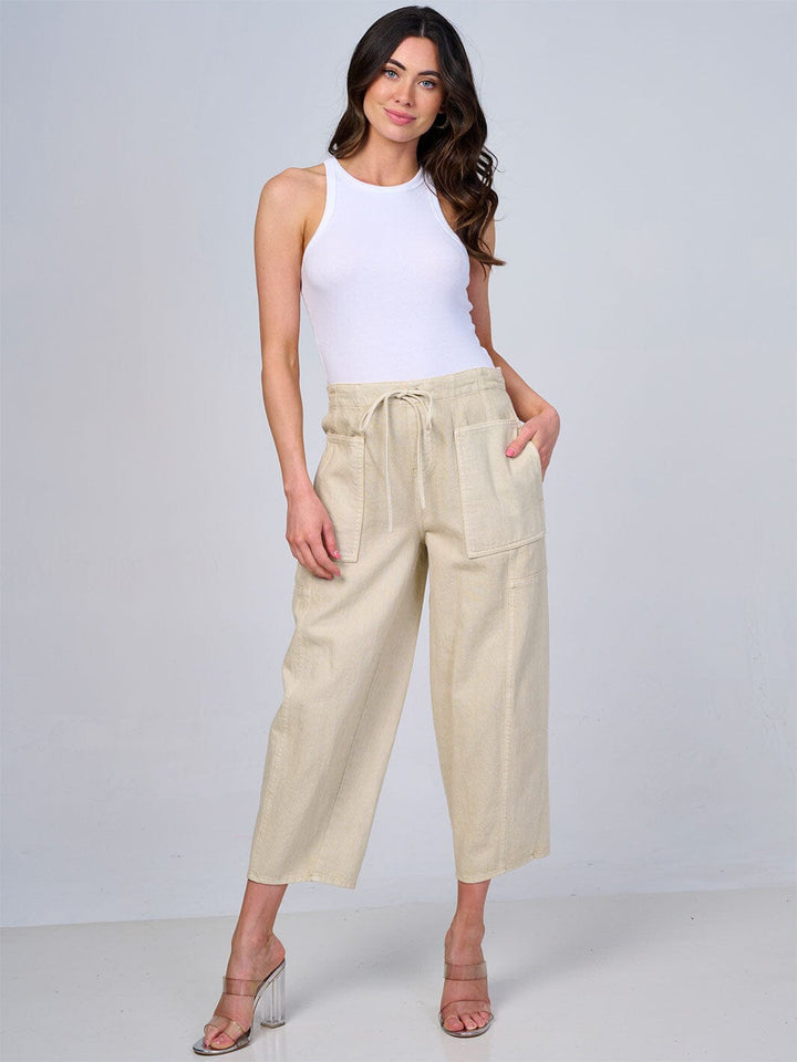 WOMEN'S ELASTIC WAIST SELF TIE POCKETS WIDE LEG DENIM PANTS