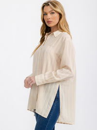 WOMEN'S LONG SLEEVE BUTTON UP STRIPES SHIRT TOP