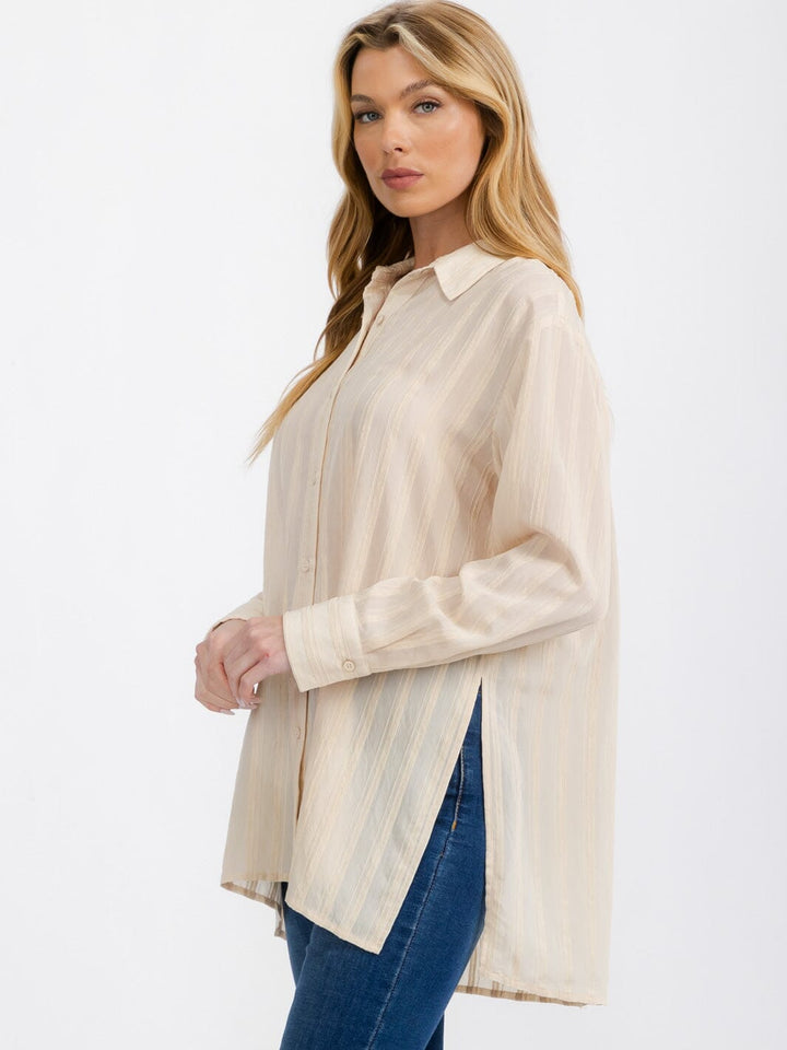 WOMEN'S LONG SLEEVE BUTTON UP STRIPES SHIRT TOP