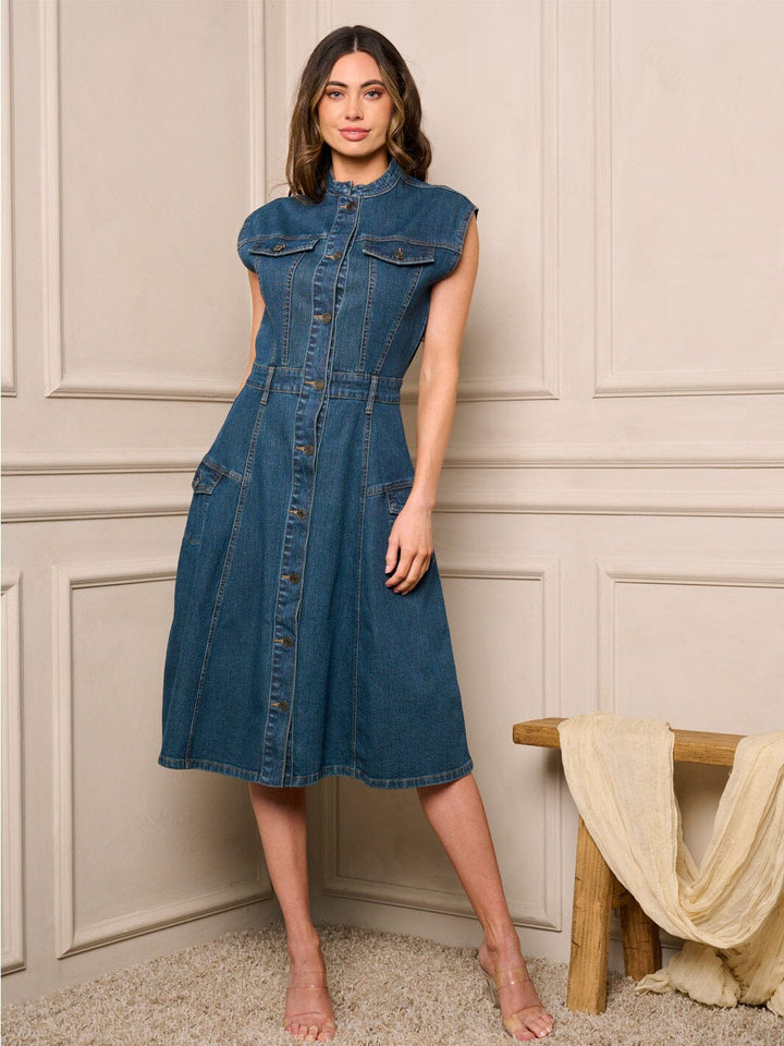 WOMEN'S SLEEVELESS POCKETS BUTTON CLOSURE DENIM MIDI DRESS
