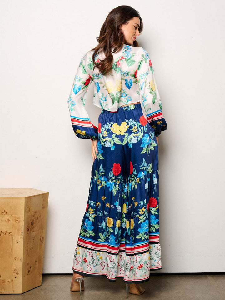 WOMEN'S LONG SLEEVE CROP TOP & ELASTIC WAIST TIERED PANTS FLORAL 2PC. SET