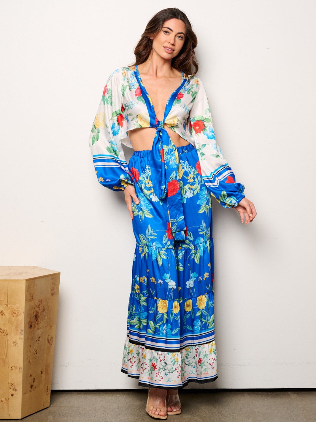 WOMEN'S LONG SLEEVE CROP TOP & ELASTIC WAIST TIERED PANTS FLORAL 2PC. SET