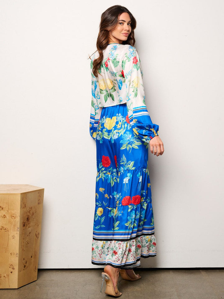 WOMEN'S LONG SLEEVE CROP TOP & ELASTIC WAIST TIERED PANTS FLORAL 2PC. SET