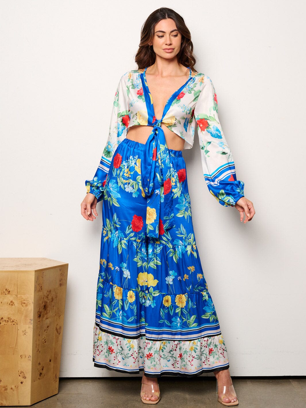 WOMEN'S LONG SLEEVE CROP TOP & ELASTIC WAIST TIERED PANTS FLORAL 2PC. SET