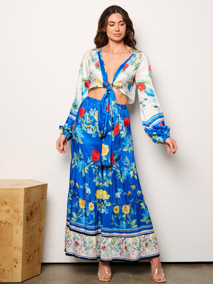 WOMEN'S LONG SLEEVE CROP TOP & ELASTIC WAIST TIERED PANTS FLORAL 2PC. SET