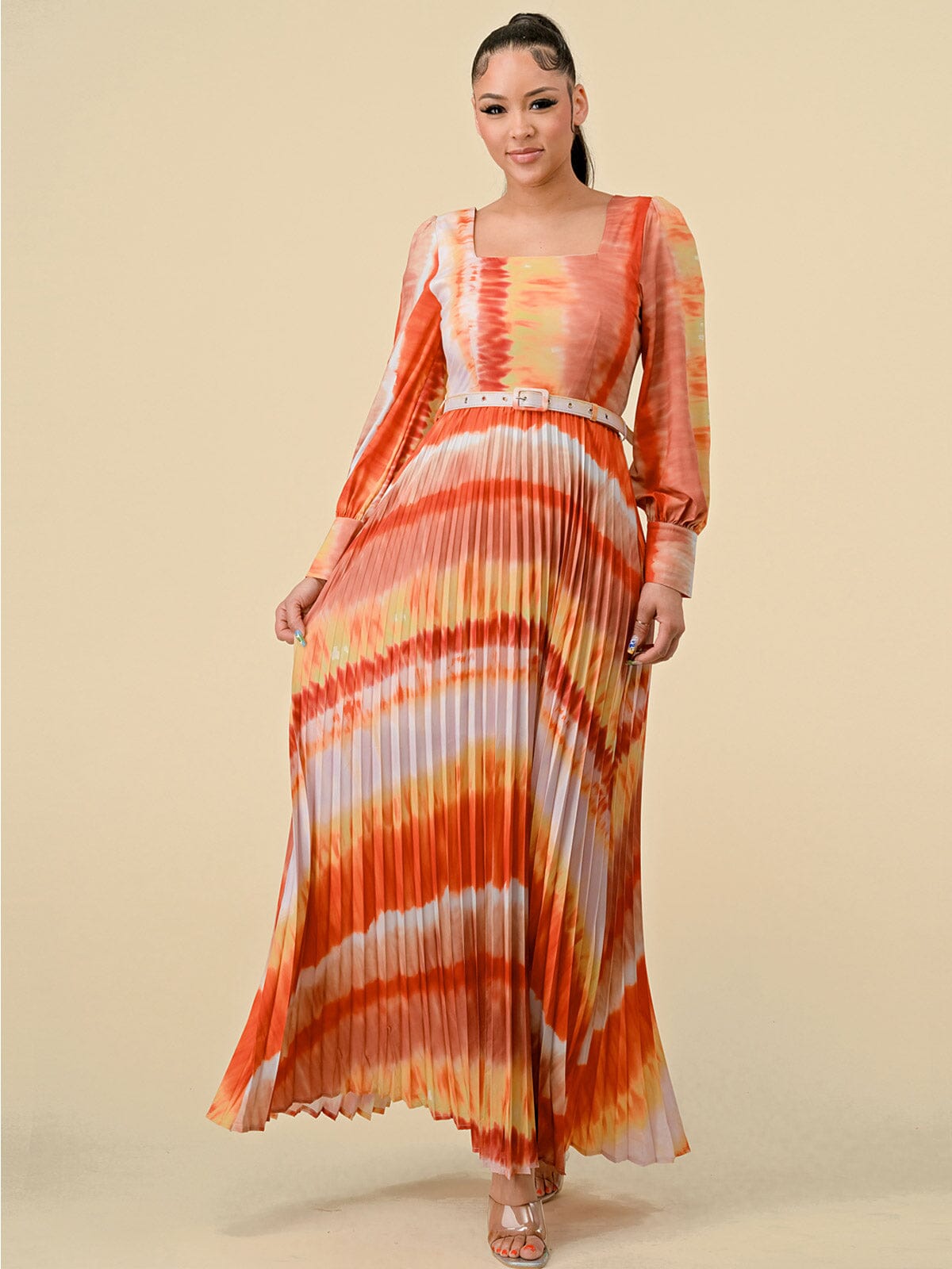 WOMEN'S LONG SLEEVES SQUARE NECK PLEATED MULTI PRINT BELT MAXI DRESS