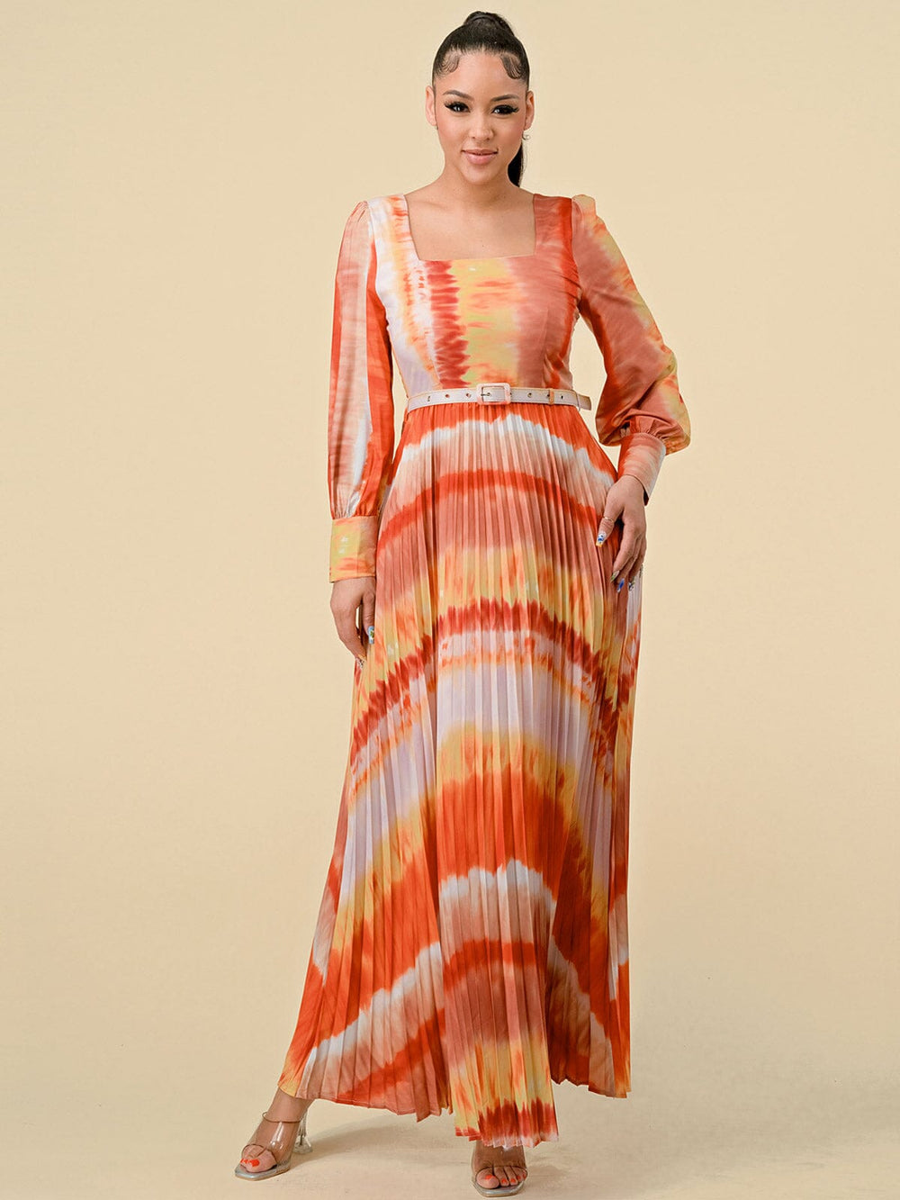 WOMEN'S LONG SLEEVES SQUARE NECK PLEATED MULTI PRINT BELT MAXI DRESS