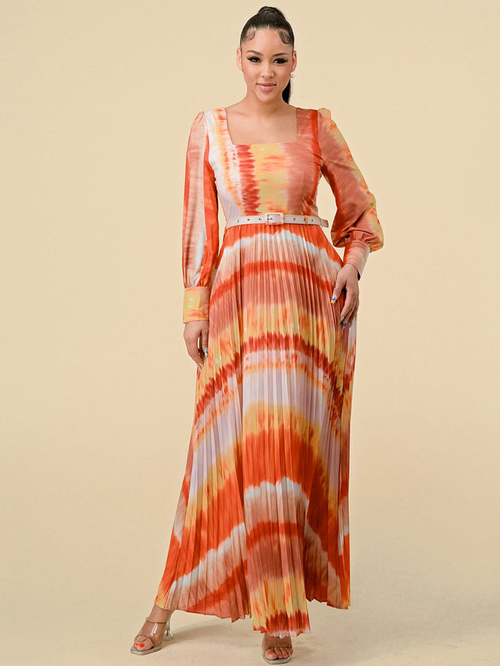 WOMEN'S LONG SLEEVES SQUARE NECK PLEATED MULTI PRINT BELT MAXI DRESS