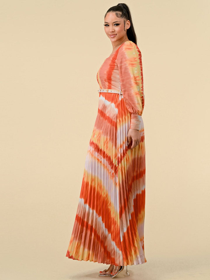 WOMEN'S LONG SLEEVES SQUARE NECK PLEATED MULTI PRINT BELT MAXI DRESS