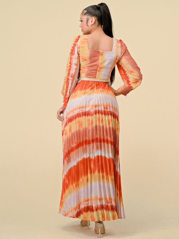 WOMEN'S LONG SLEEVES SQUARE NECK PLEATED MULTI PRINT BELT MAXI DRESS