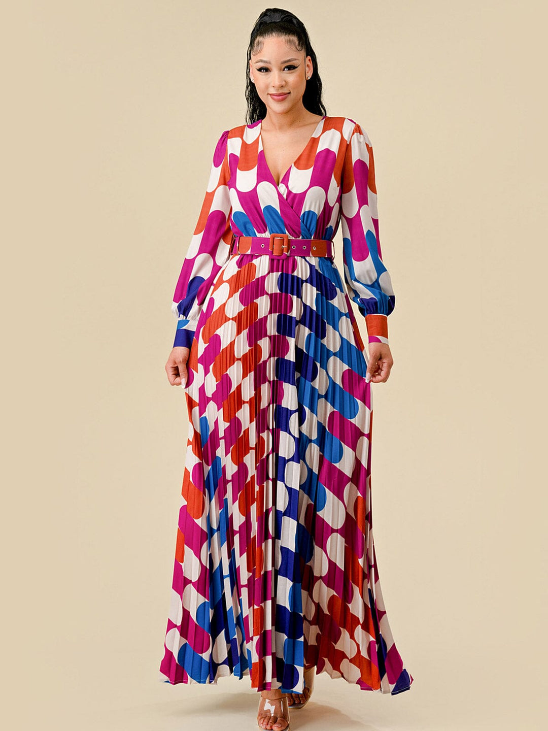 WOMEN'S LONG SLEEVE SURPLICE PLEATED BELTED COLORBLOCK MAXI DRESS
