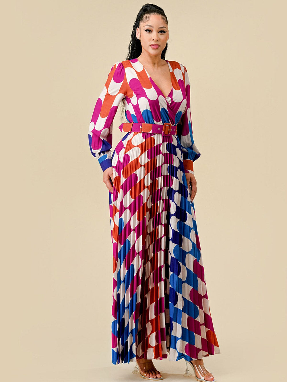 WOMEN'S LONG SLEEVE SURPLICE PLEATED BELTED COLORBLOCK MAXI DRESS