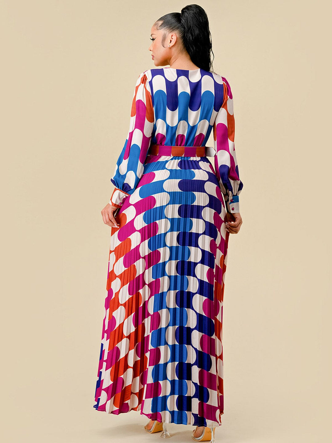 WOMEN'S LONG SLEEVE SURPLICE PLEATED BELTED COLORBLOCK MAXI DRESS
