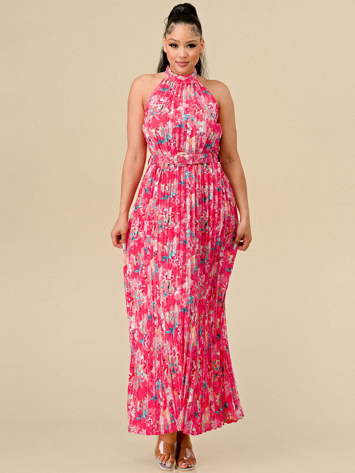 WOMEN'S SLEEVELESS HALTER NECK PLEATED BELTED FLORAL MAXI DRESS