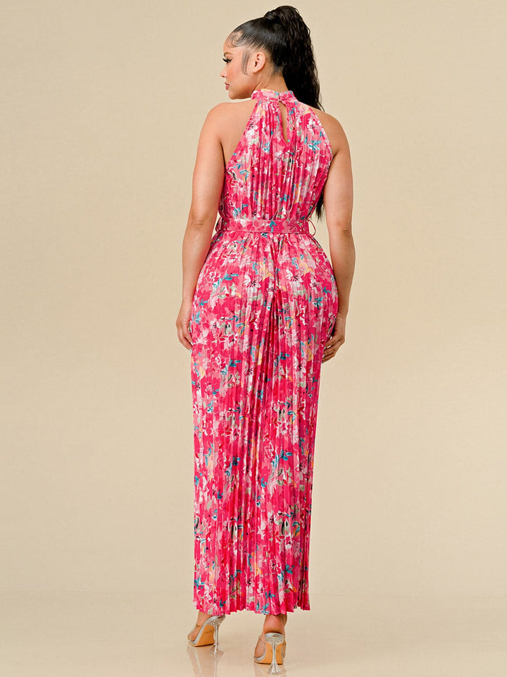 WOMEN'S SLEEVELESS HALTER NECK PLEATED BELTED FLORAL MAXI DRESS
