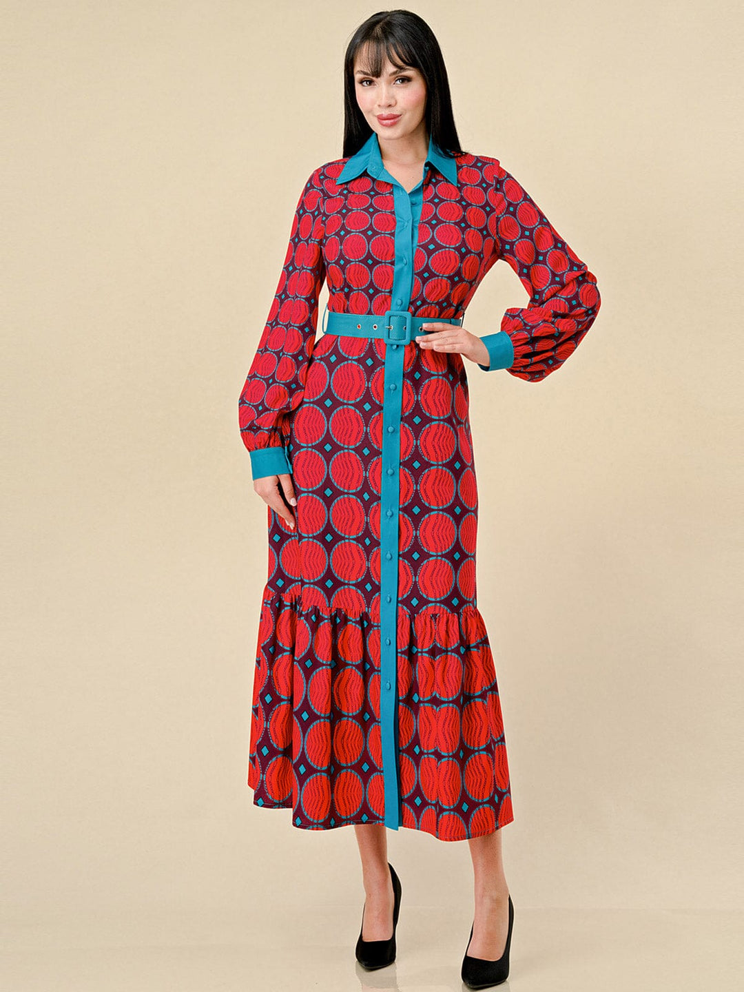 WOMEN'S LONG SLEEVE BUTTON UP BELTED COLORBLOCK MULTI PRINT MAXI DRESS