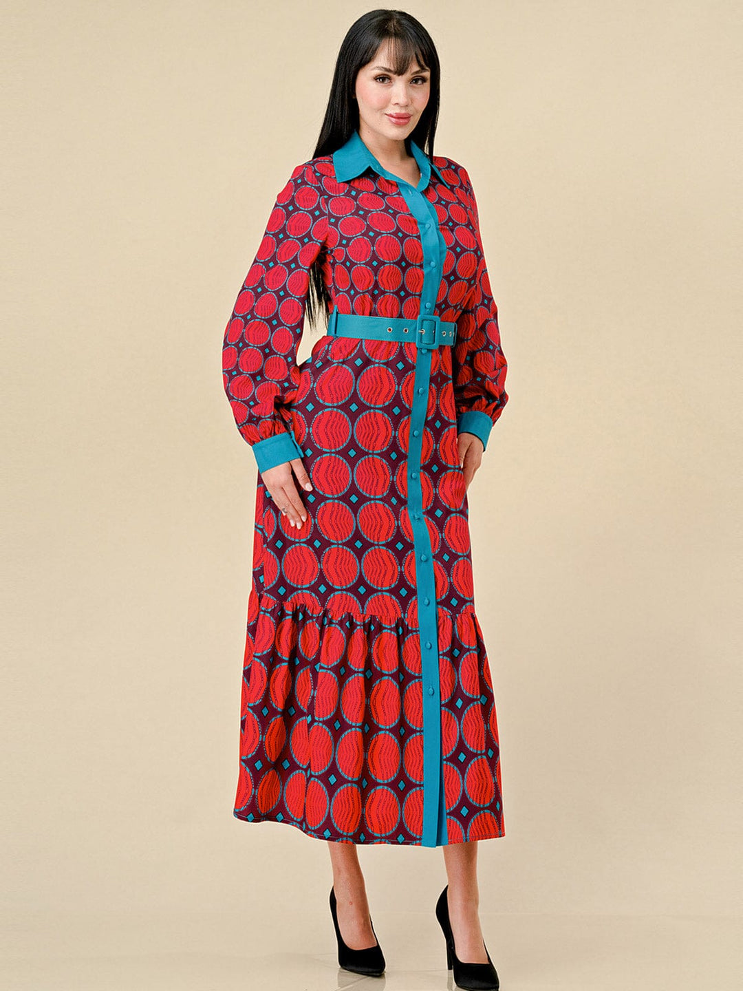 WOMEN'S LONG SLEEVE BUTTON UP BELTED COLORBLOCK MULTI PRINT MAXI DRESS