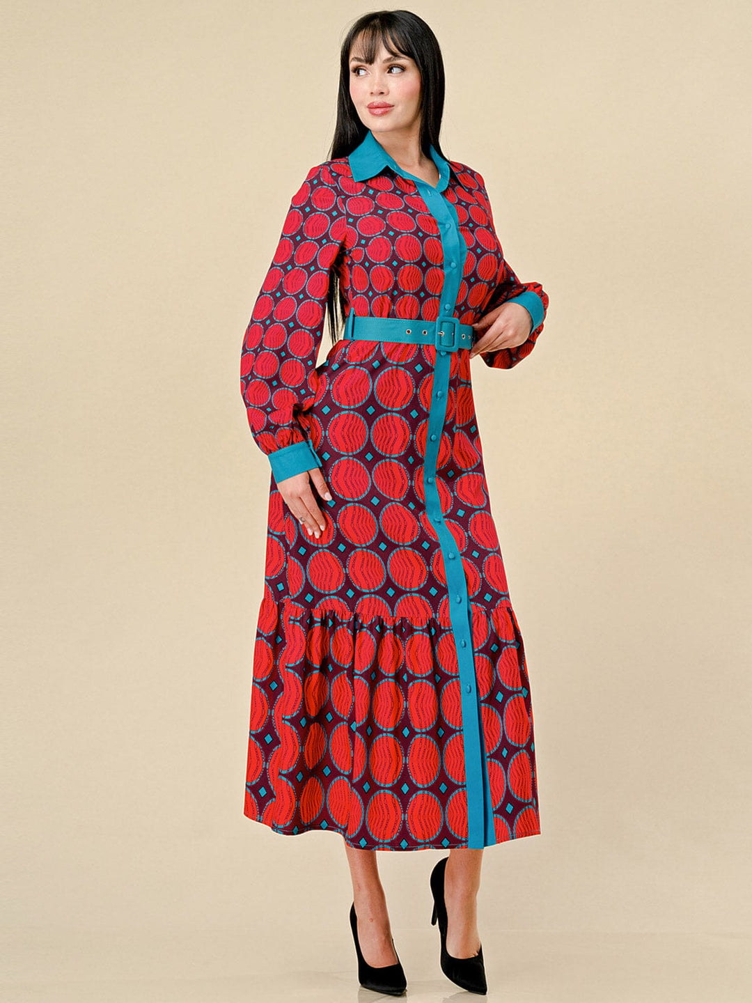 WOMEN'S LONG SLEEVE BUTTON UP BELTED COLORBLOCK MULTI PRINT MAXI DRESS