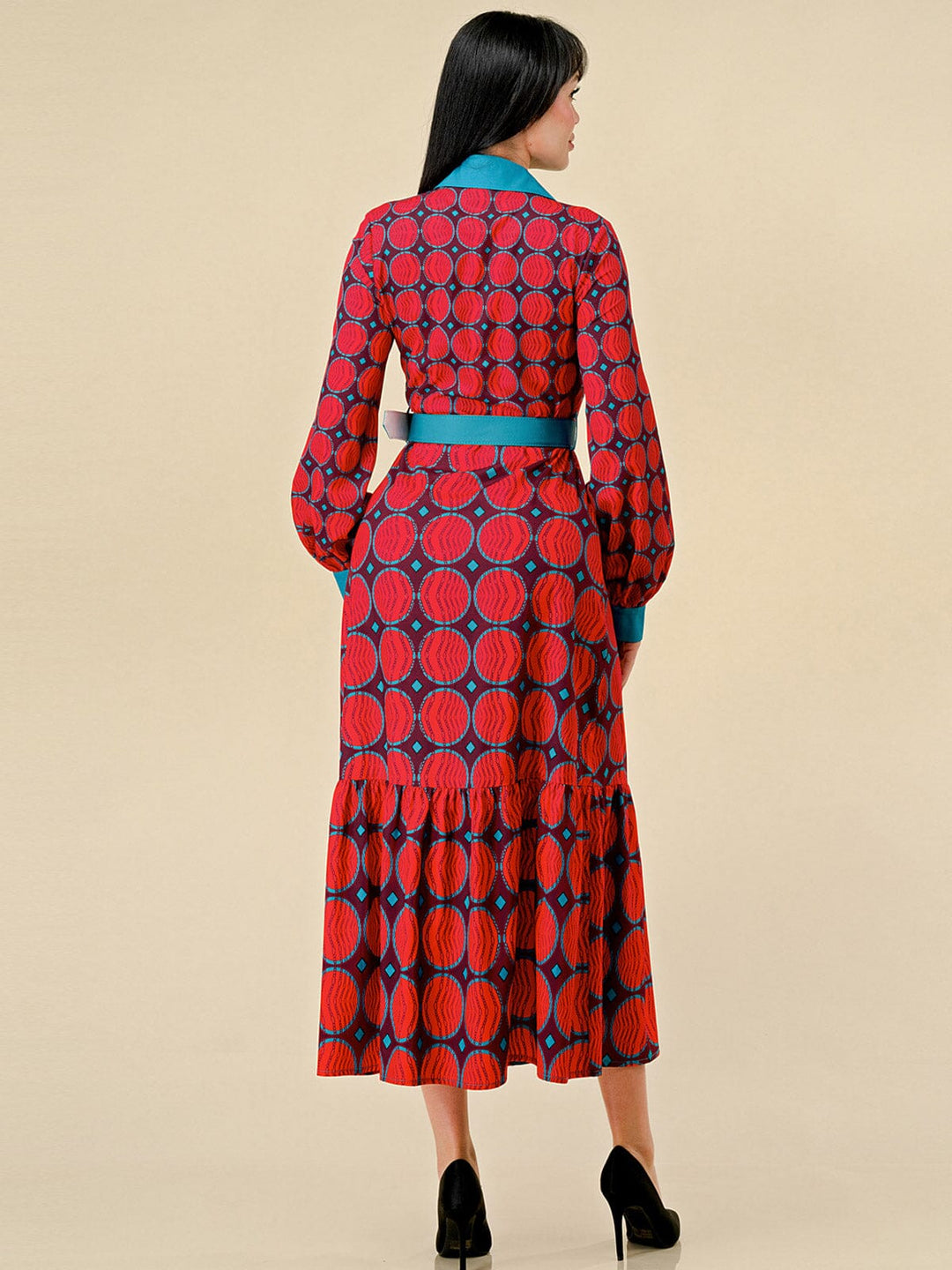 WOMEN'S LONG SLEEVE BUTTON UP BELTED COLORBLOCK MULTI PRINT MAXI DRESS