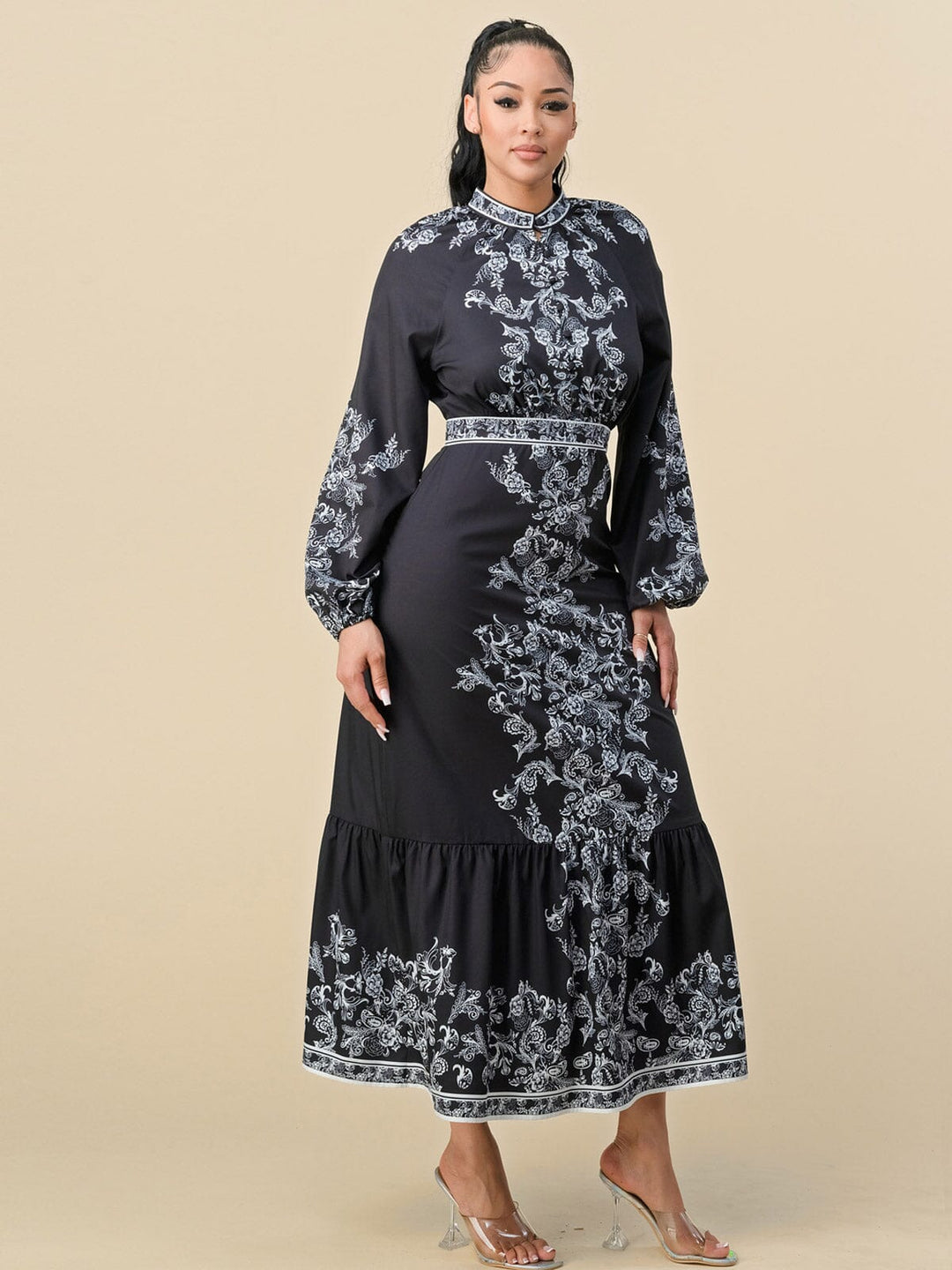 WOMEN'S LONG BALLOON SLEEVES FLORAL PRINT MAXI DRESS