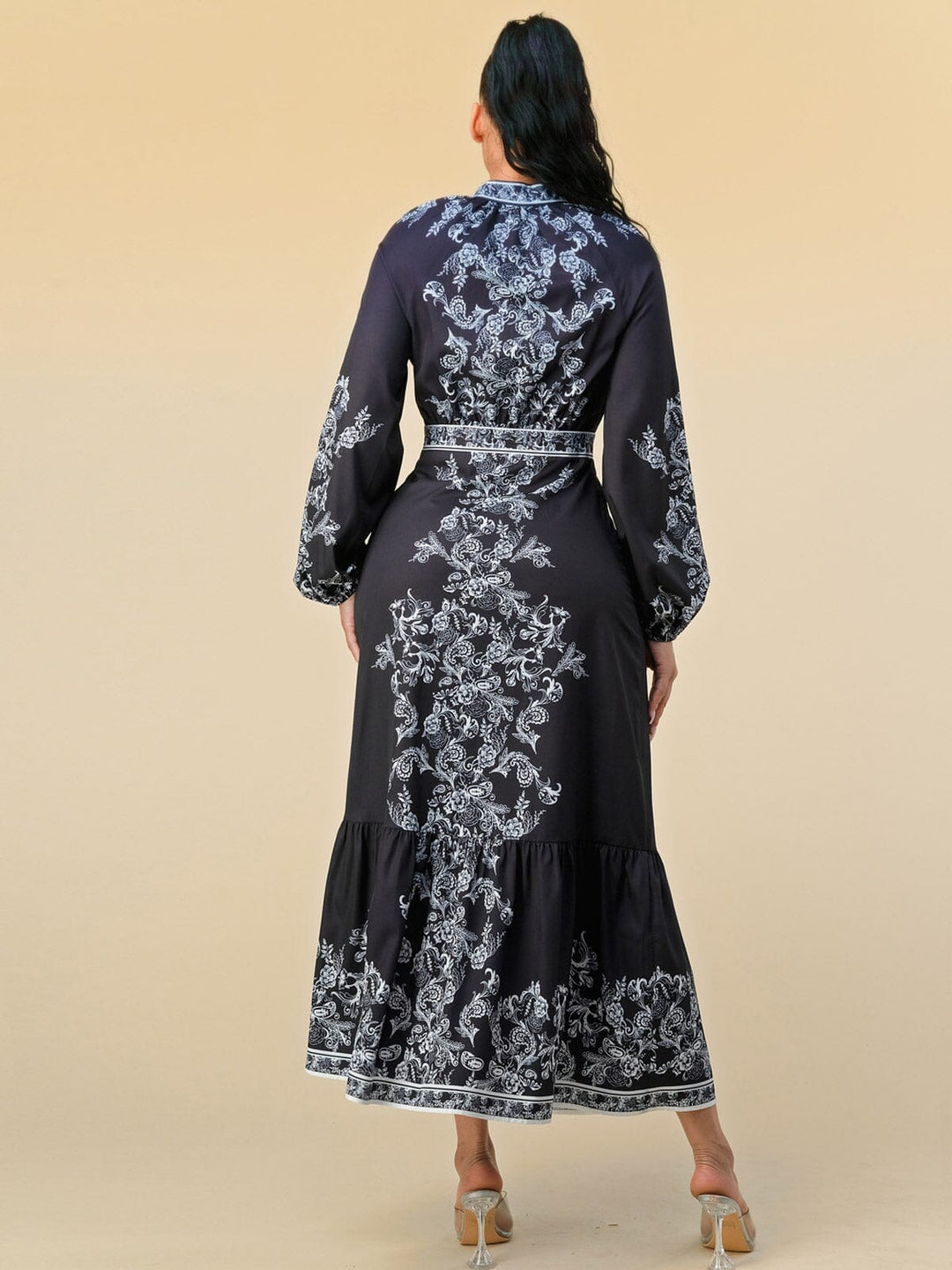 WOMEN'S LONG BALLOON SLEEVES FLORAL PRINT MAXI DRESS