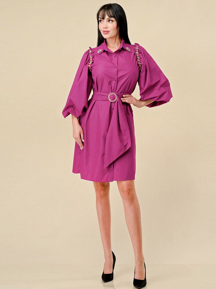 WOMEN'S LONG SLEEVES BUTTON UP STUDS DETAILED BELTED MINI DRESS