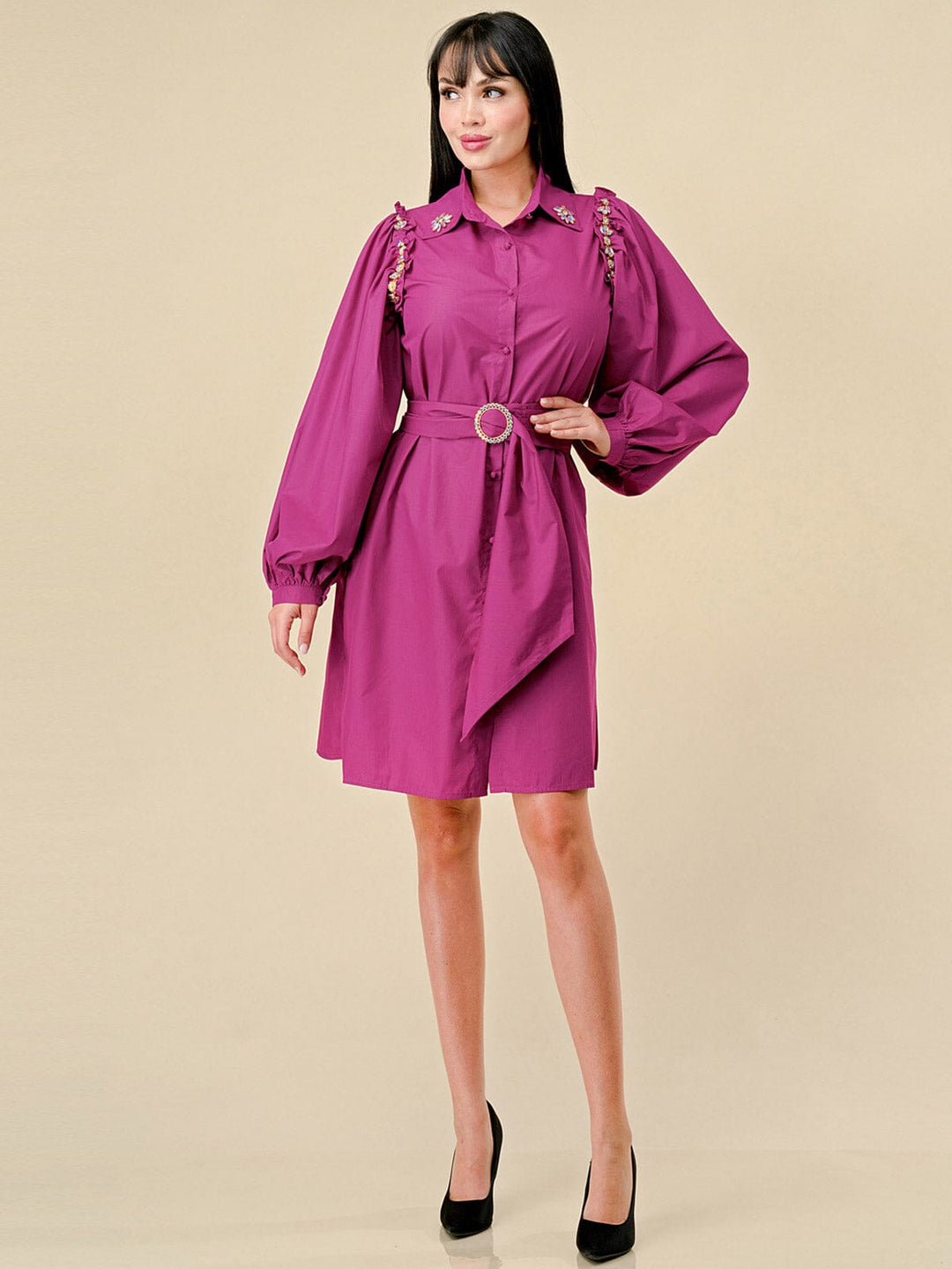 WOMEN'S LONG SLEEVES BUTTON UP STUDS DETAILED BELTED MINI DRESS