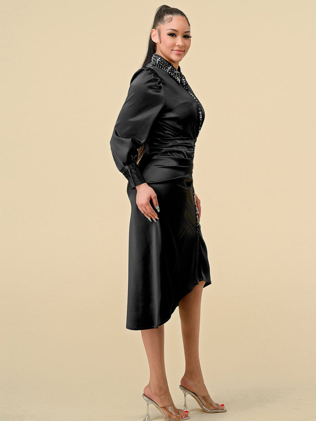 WOMEN'S LONG SLEEVES STUDS NECK DETAILED HIGH-LOW BUTTON UP MIDI DRESS