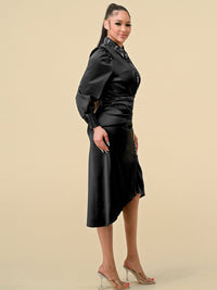 WOMEN'S LONG SLEEVES STUDS NECK DETAILED HIGH-LOW BUTTON UP MIDI DRESS